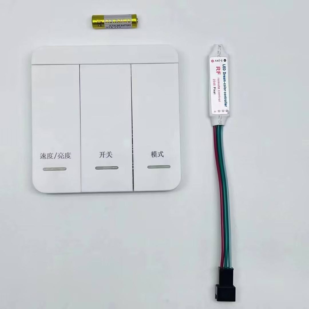 Адресний LED Dream Color Контролер Running Water 5-24V, для білої адресної стрічки, Радіокерована настінна панель на 3 клавіши + "хвостік", біла, V27A батарейка, 2048 макс.пікселів